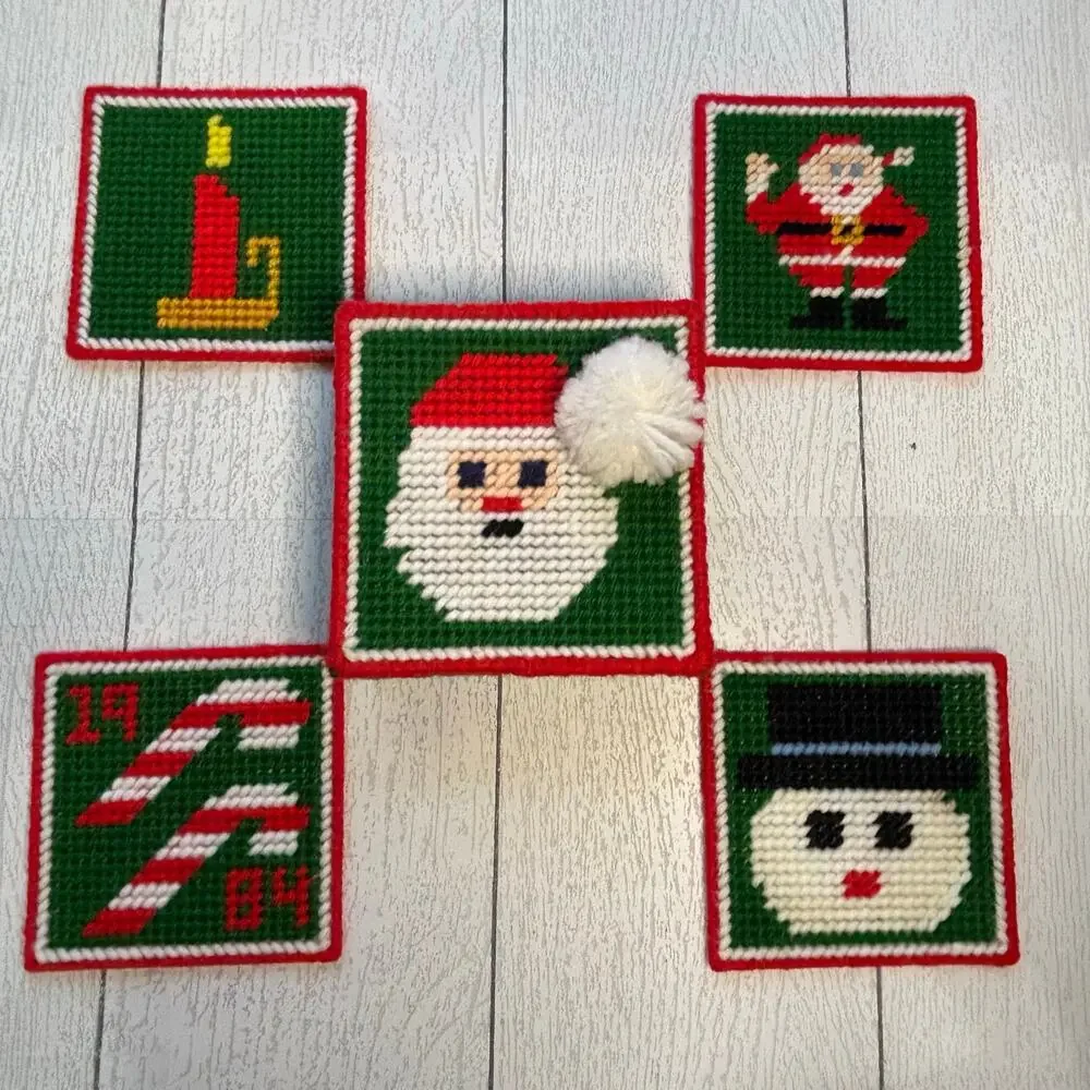 Vintage 1984 Plastic Canvas Christmas Coasters w Holder